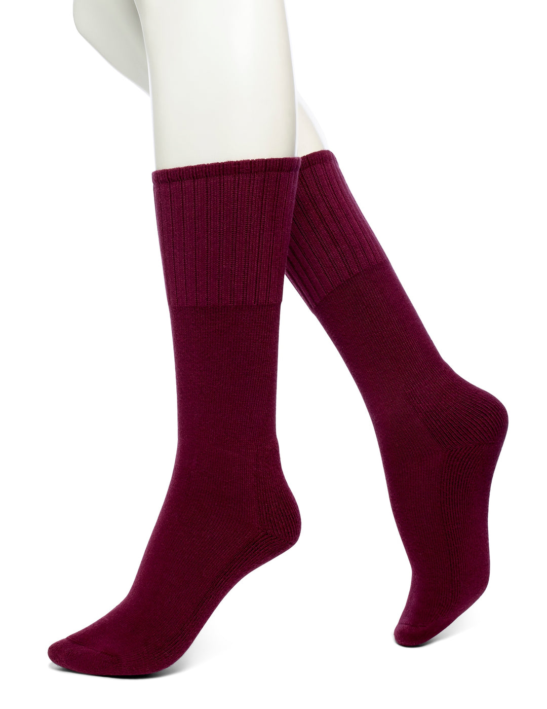 A pair of red crew-length boot socks on a mannequin