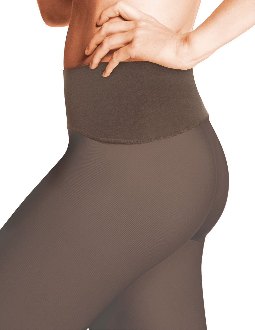 Close-up side view of a person wearing high-waisted seamless leggings in a taupe-brown color, showing the waistband and hip area against a plain white background.