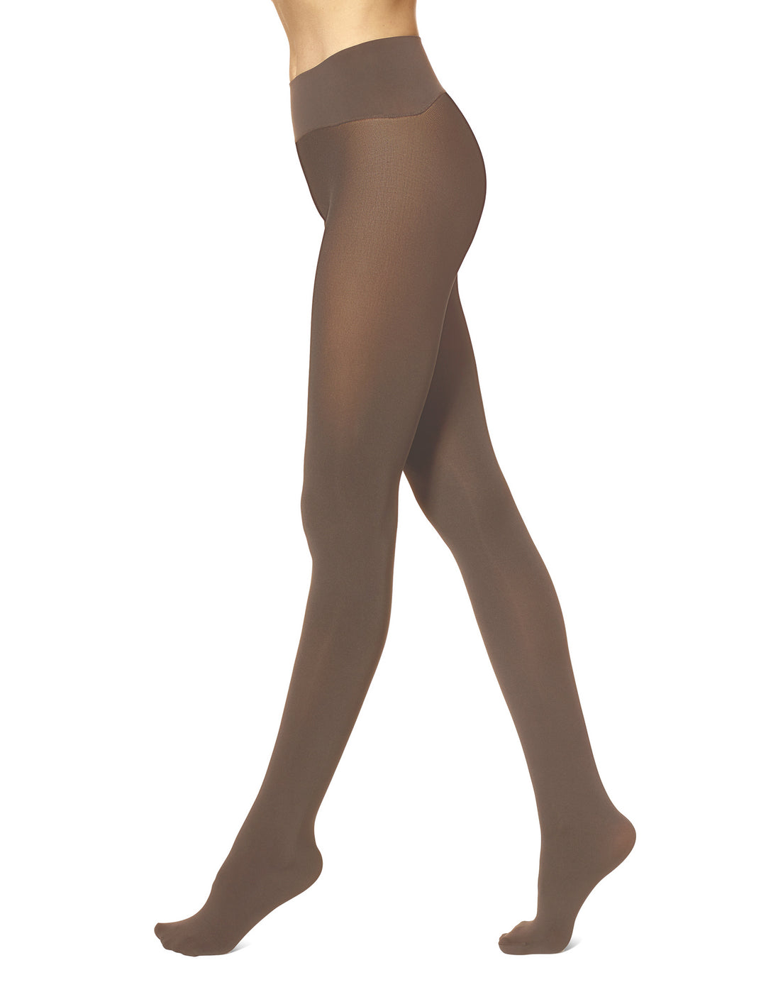 A model's legs wearing sheer taupe-brown hosiery tights, shown from the waist down against a plain white background.
