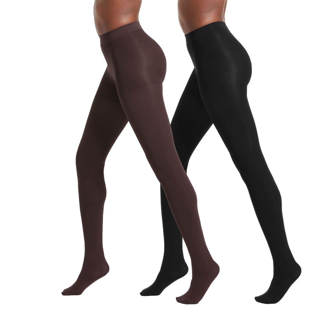Woman shown wearing an opaque espresso and a black pair of tights
