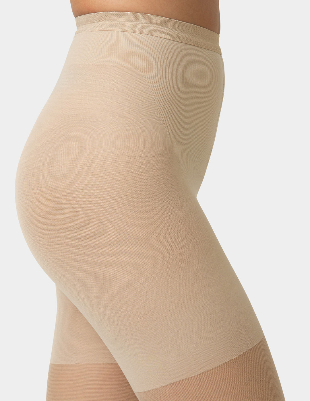 Up close shot of cooling shaping sheers in nude worn by person