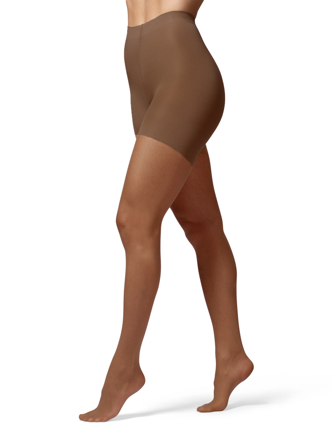 A model's legs wearing sheer, high-waisted stockings in a medium brown shade, shown from the waist down against a plain white background.