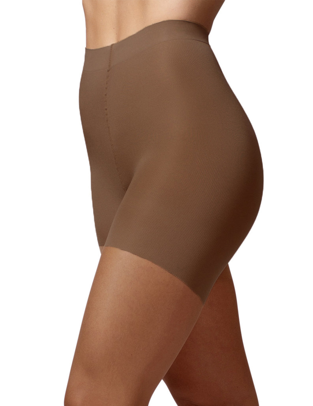 A side profile view of a model wearing high-waisted stockings in a solid medium brown color, set against a plain white background.