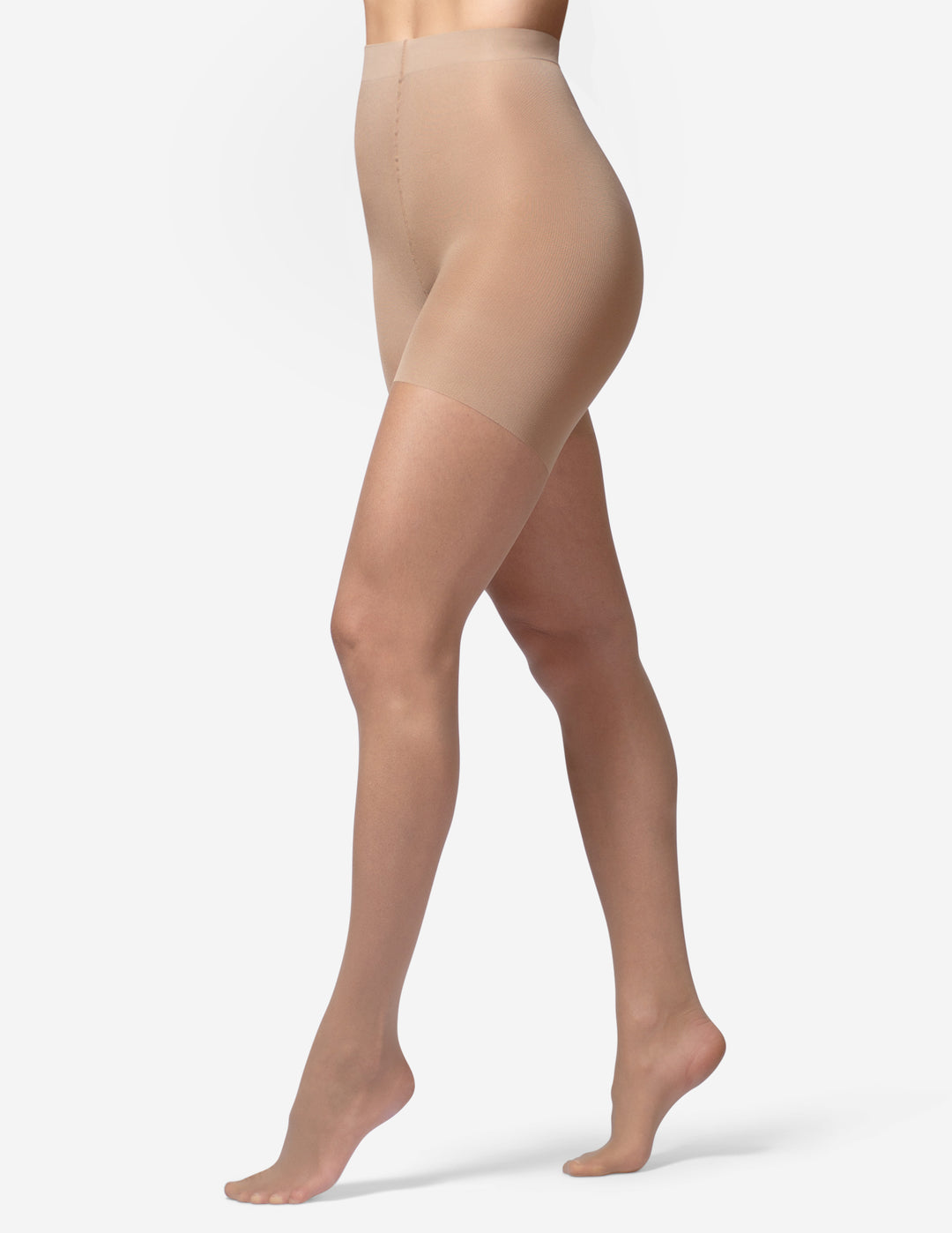 A model's legs wearing sheer, skin-toned hosiery, shown from the waist down against a clean, light gray studio background.