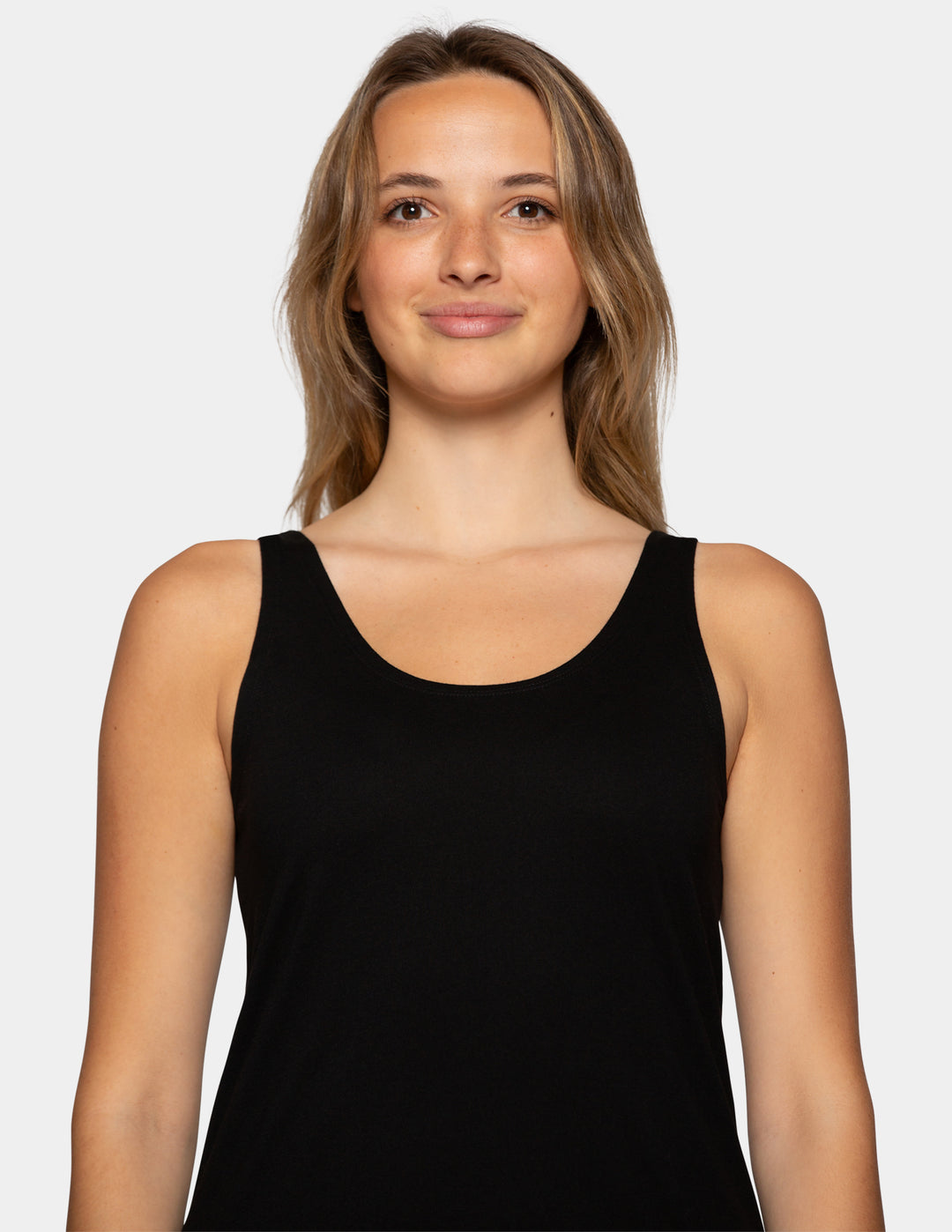 Woman in black pajama tank top
