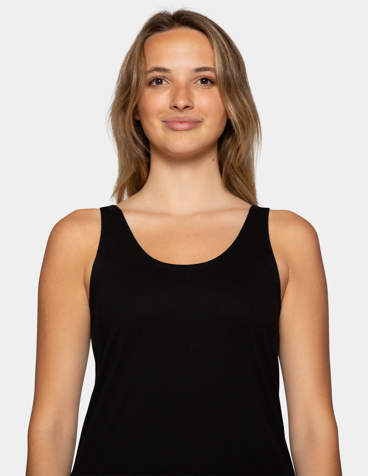 Woman in black pajama tank top