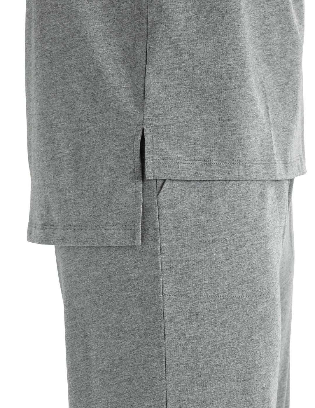 Detail view of serene sleep shirt hem in medium grey