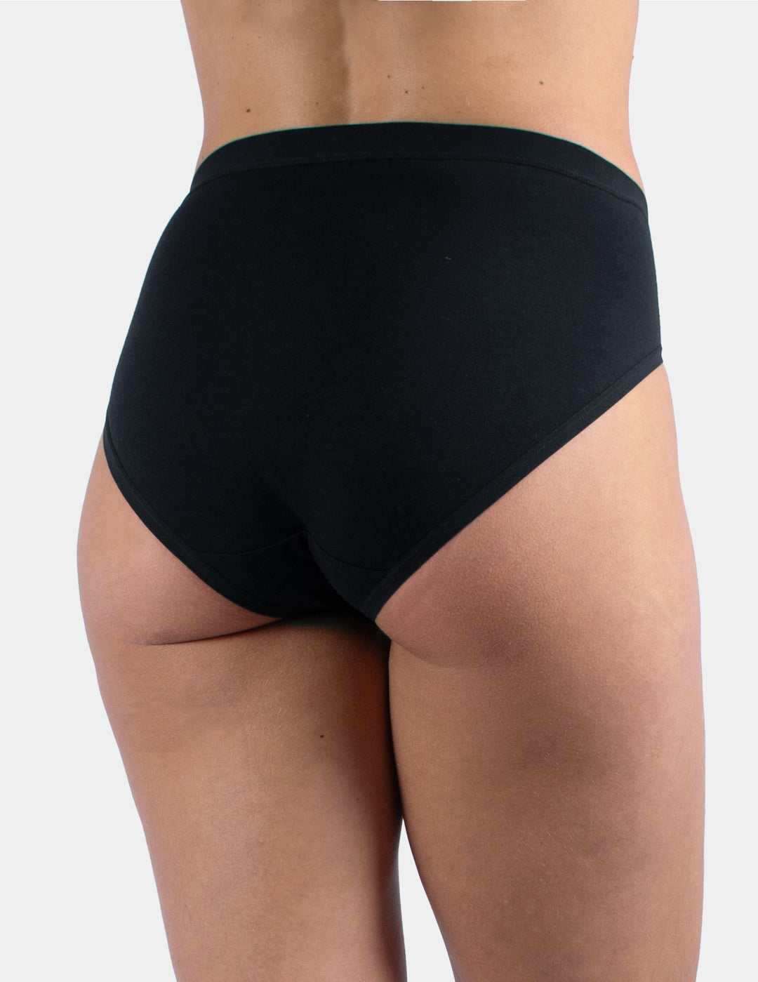 Woman wearing black brief underwear back view