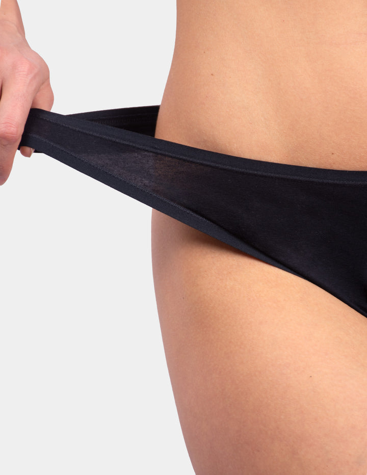 Woman wearing black thong underwear