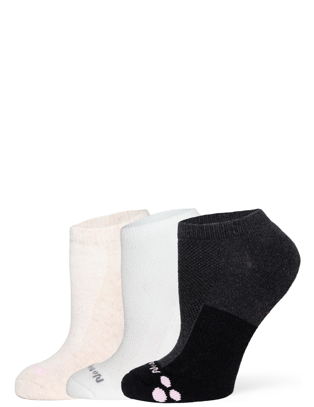 Three pairs of socks in black, white, and tan on a white background