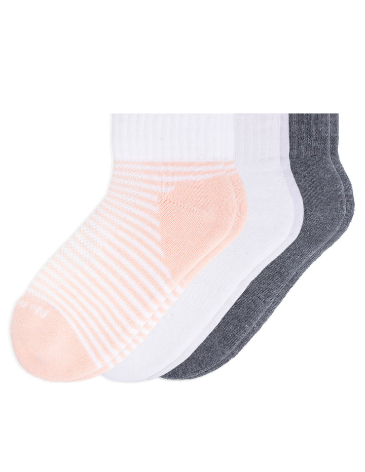 Three pairs of socks in white, pink, and gray on a white background