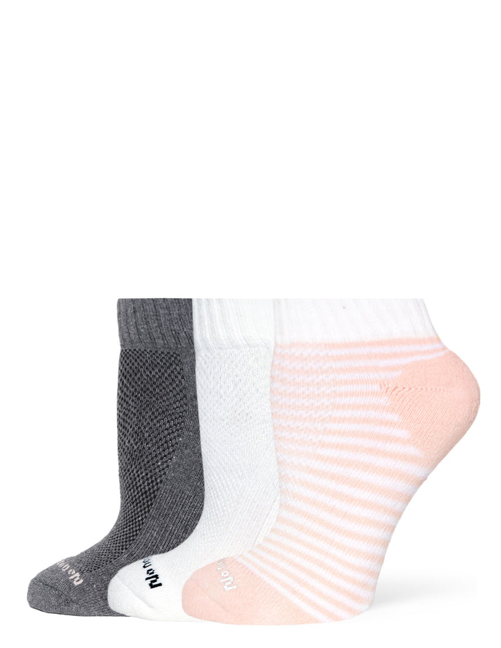 Three pairs of socks in gray, white, and pink with striped pattern on a white background