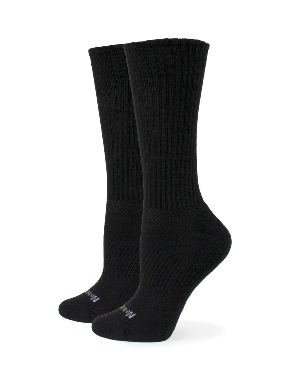 A pair of black crew length socks with visible textured patterns and no nonsense brand labeling on the toe.