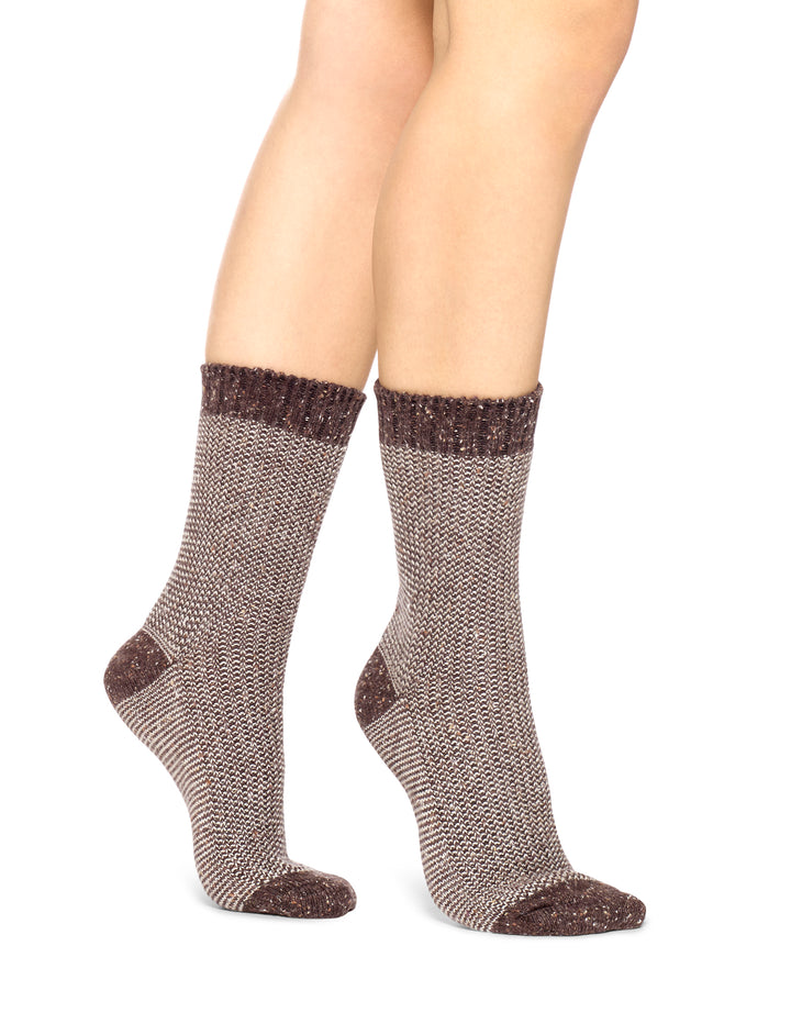 A pair of brown mini striped pattern boot socks, crew length, with seamed toe and heel.