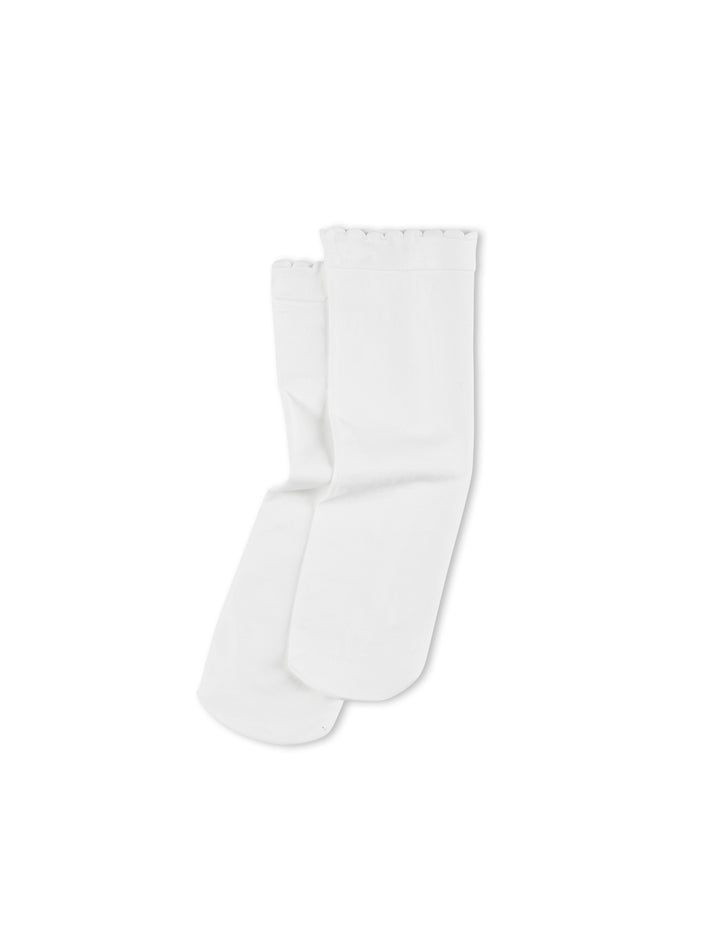 A pair of plain white crew socks displayed flat against a solid white background.