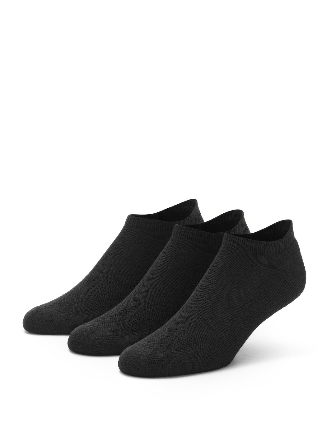 Three black ankle socks on a white background