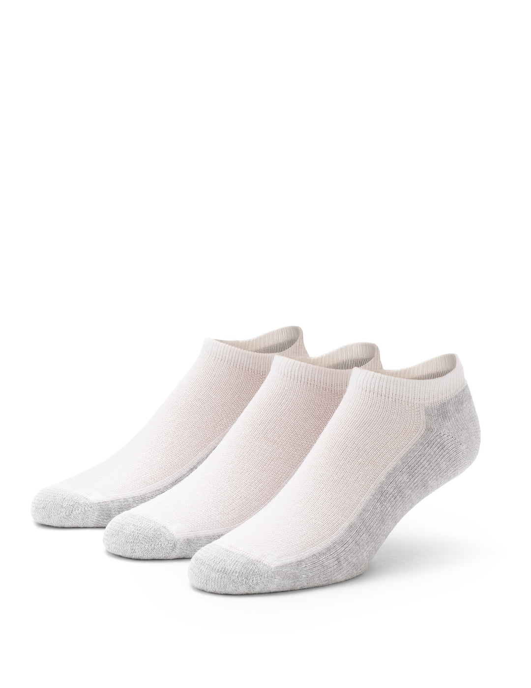 Three pairs of light white ankle socks on a white background
