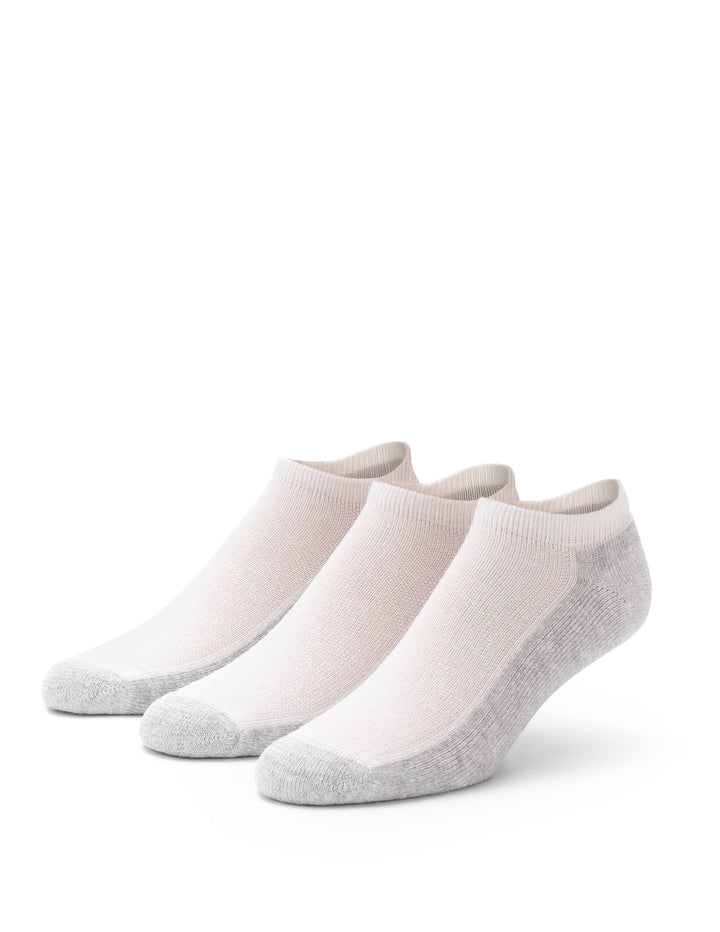 Three pairs of light white ankle socks on a white background