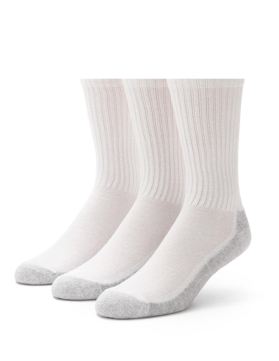 Three pairs of white socks with gray toes on a white background