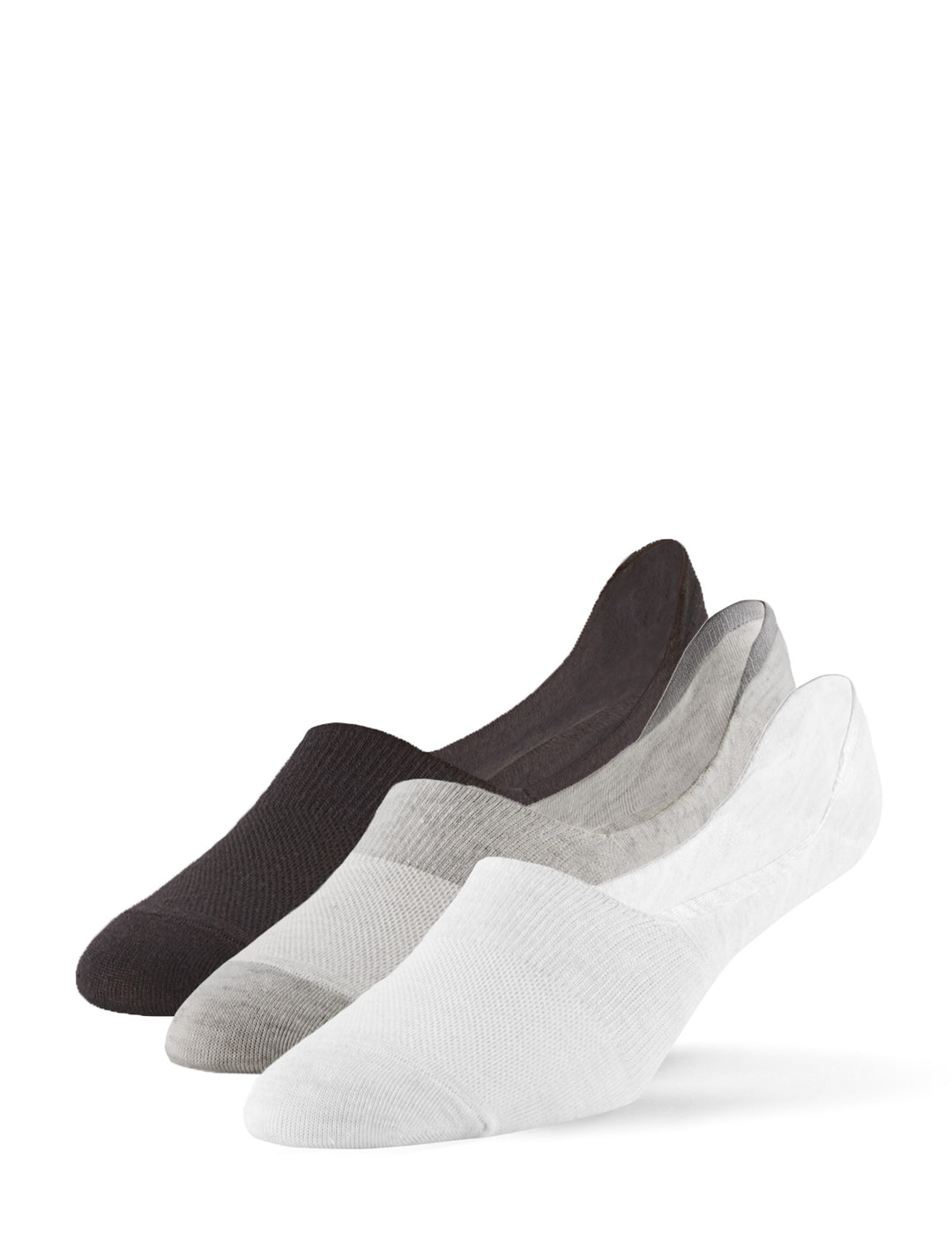 Three pairs of no-show socks in black, gray, and white on a white background