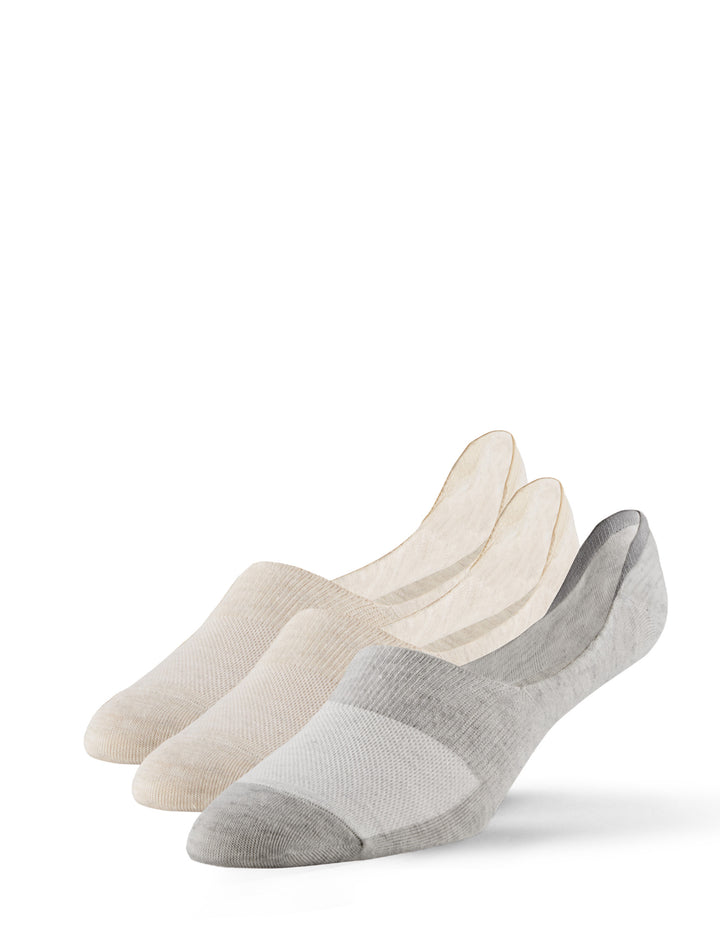 Three pairs of gray and beige no-show socks on a white background