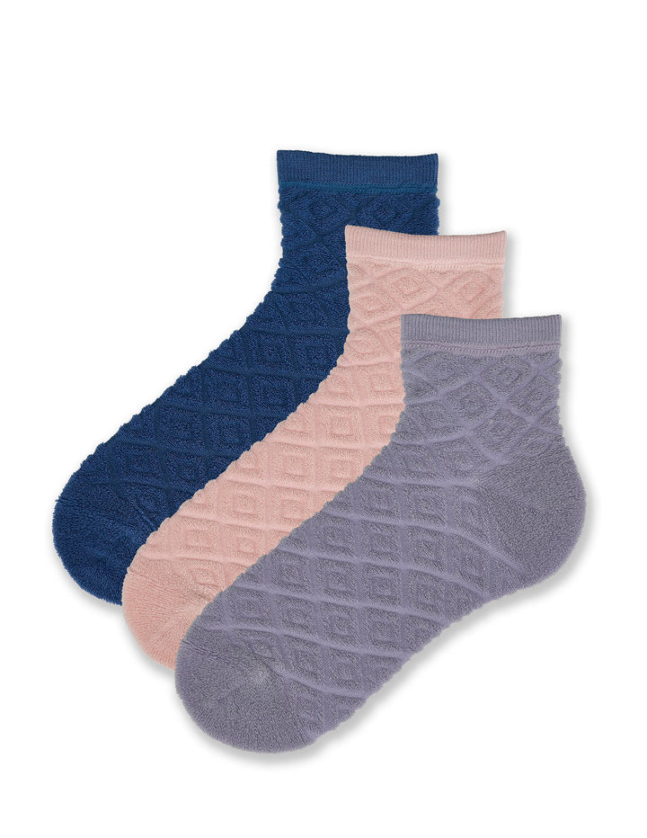 Three pairs of ankle socks in blue, pink, and gray colors with a diamond terry pattern.