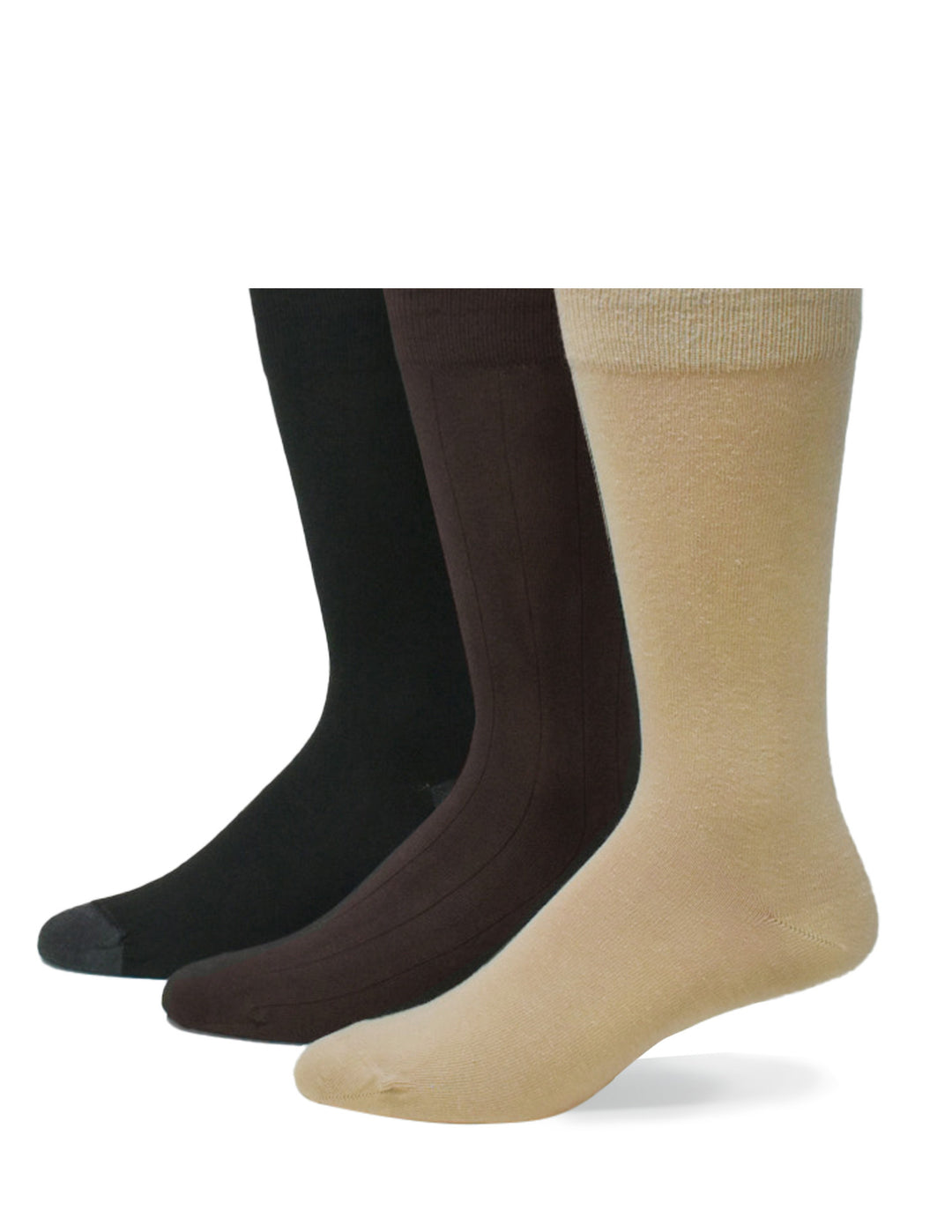 Three pairs of socks in black, brown, and beige on a white background