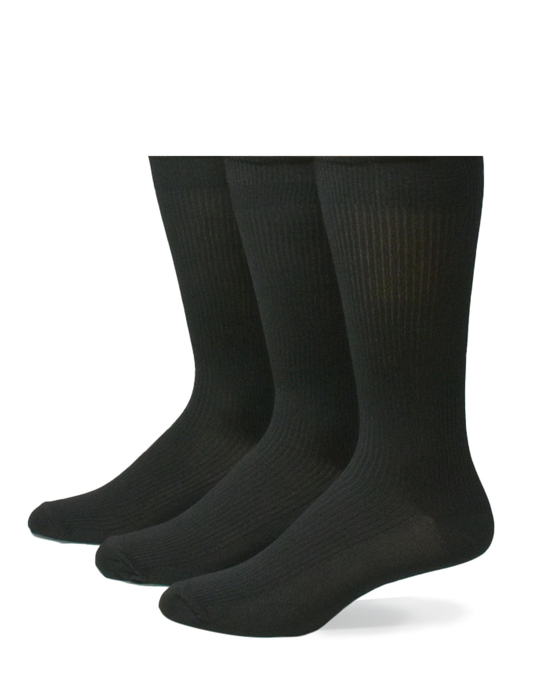 Three pairs of men's black socks on a white background