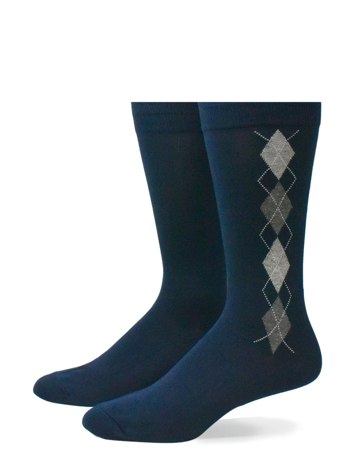 Pair of navy blue socks with gray argyle pattern on a white background