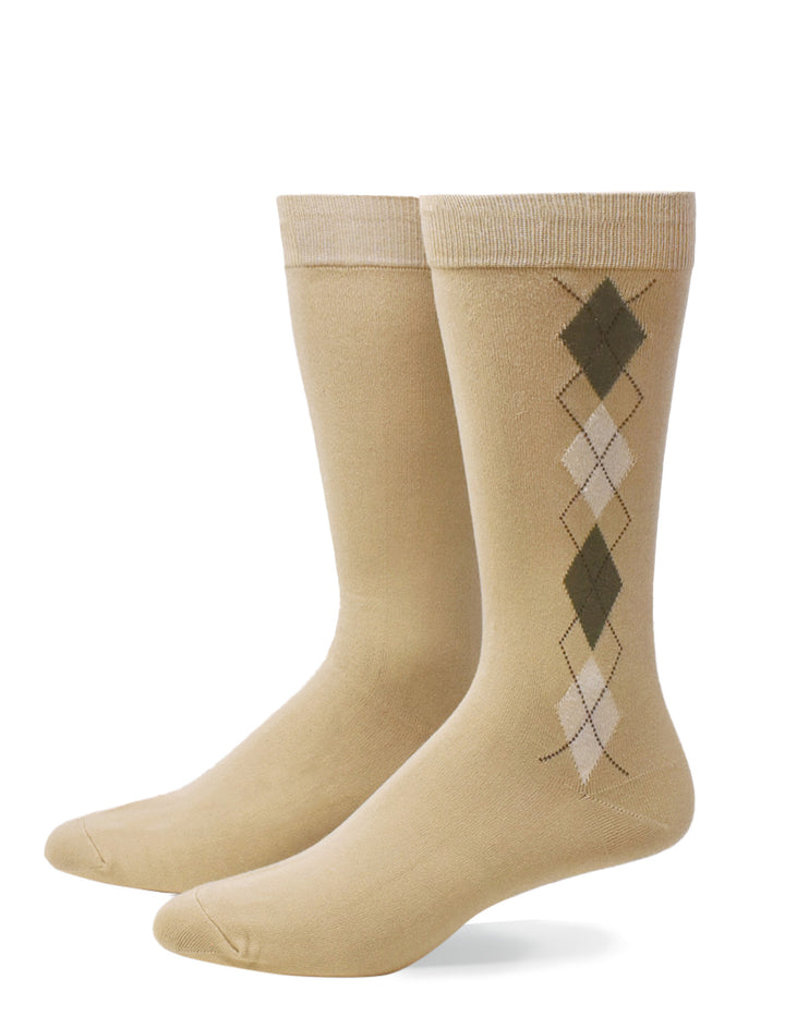 Beige socks with argyle pattern on a white background
