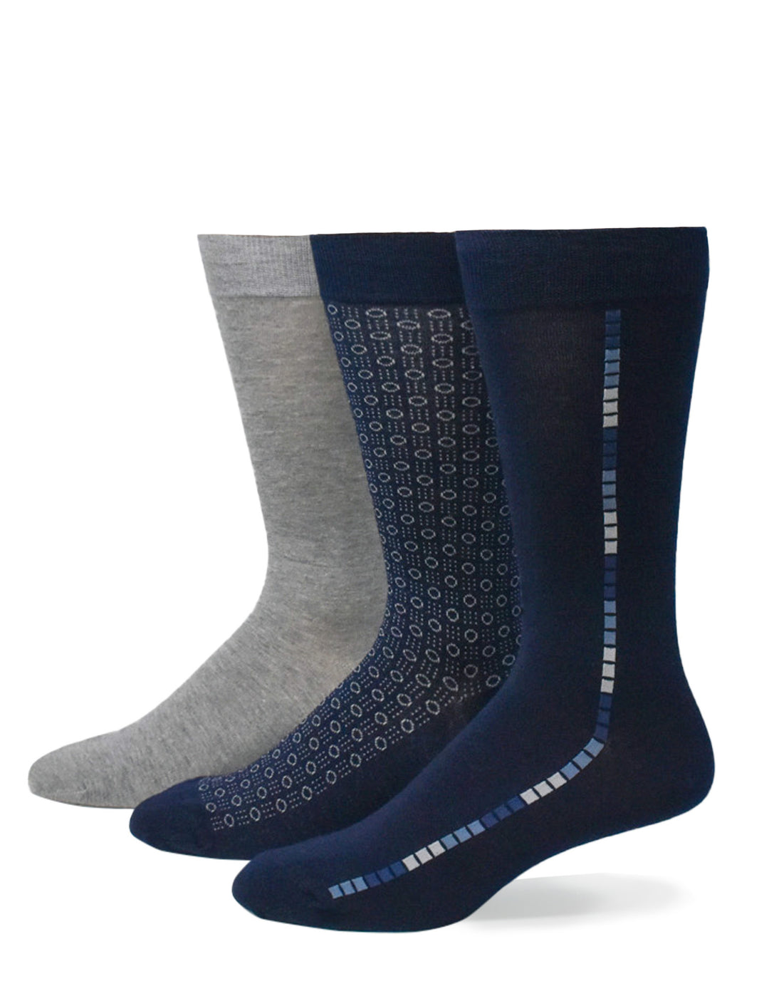 Three pairs of socks in gray, blue patterned, and solid navy on a white background