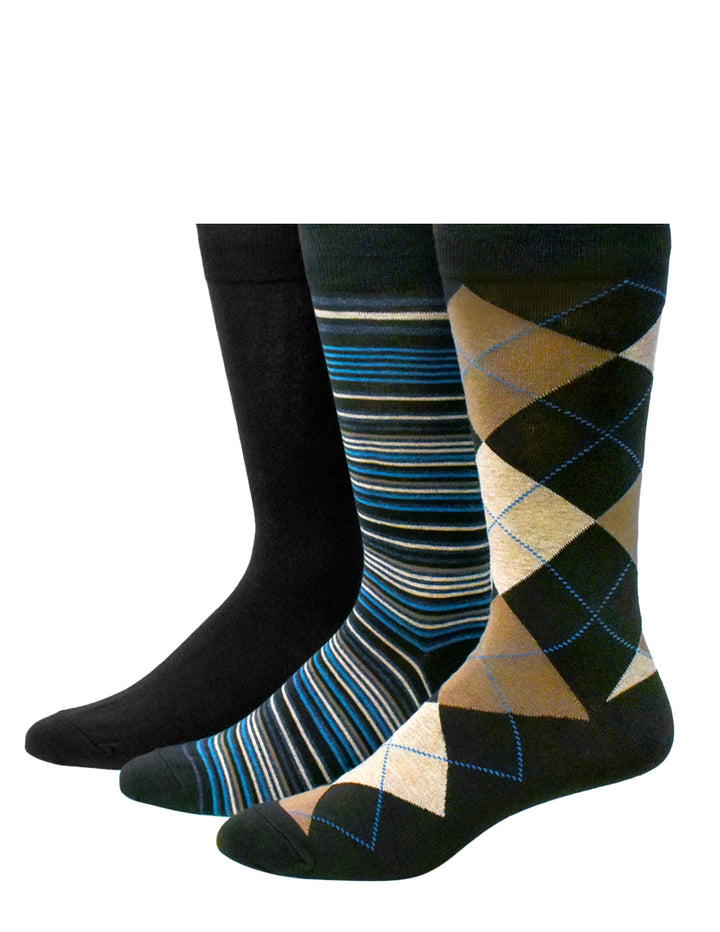 Three pairs of men's socks with different patterns on a white background