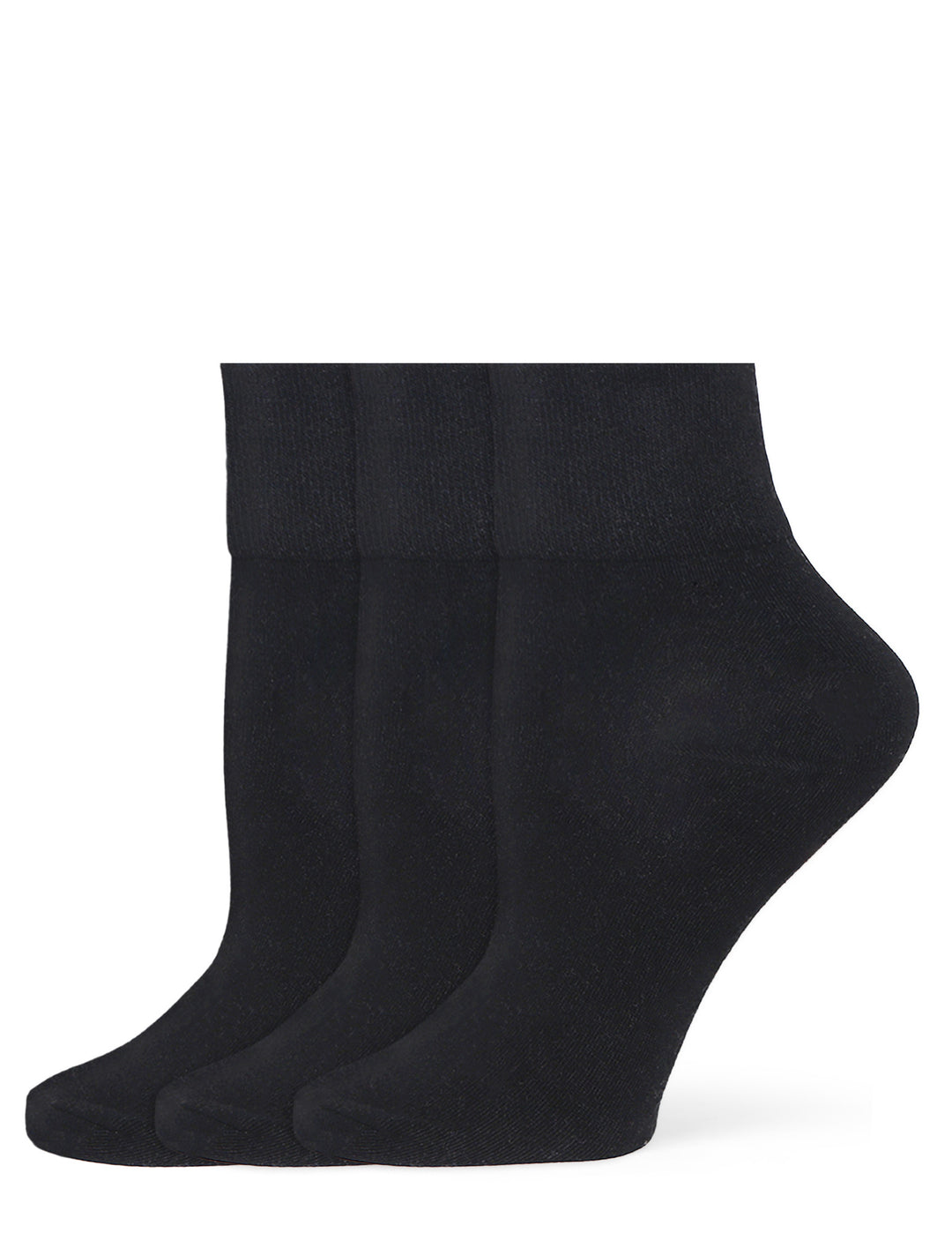 Three black ankle socks on a white background