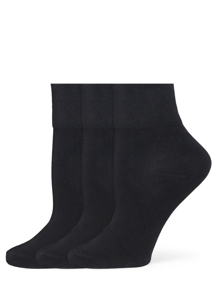 Three black ankle socks on a white background