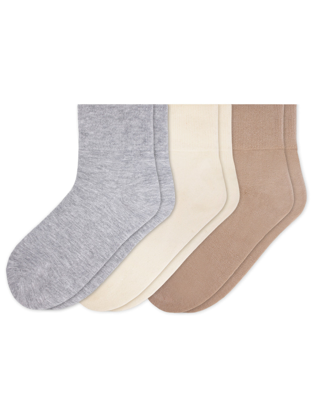 Three pairs of socks in gray, beige, and brown on a white background