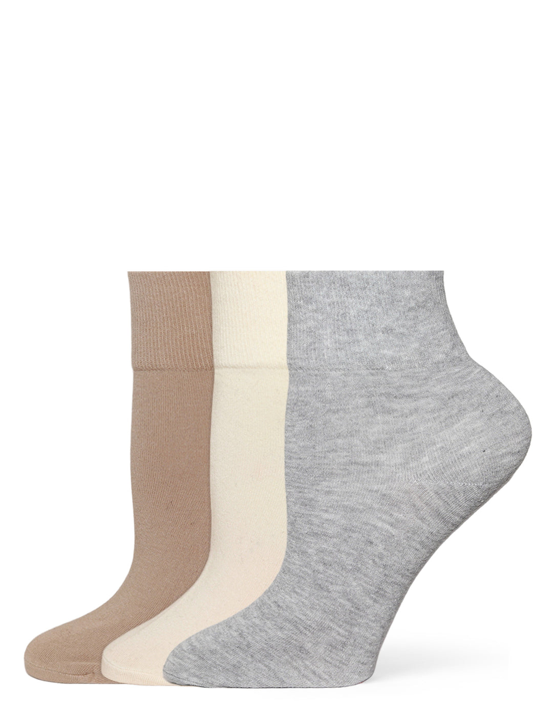 Three pairs of socks in brown, white, and gray on a white background