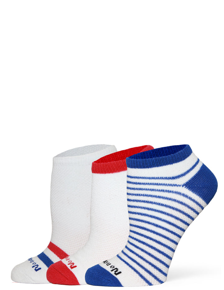 Three pairs of socks with white, red, and blue patterns on a white background
