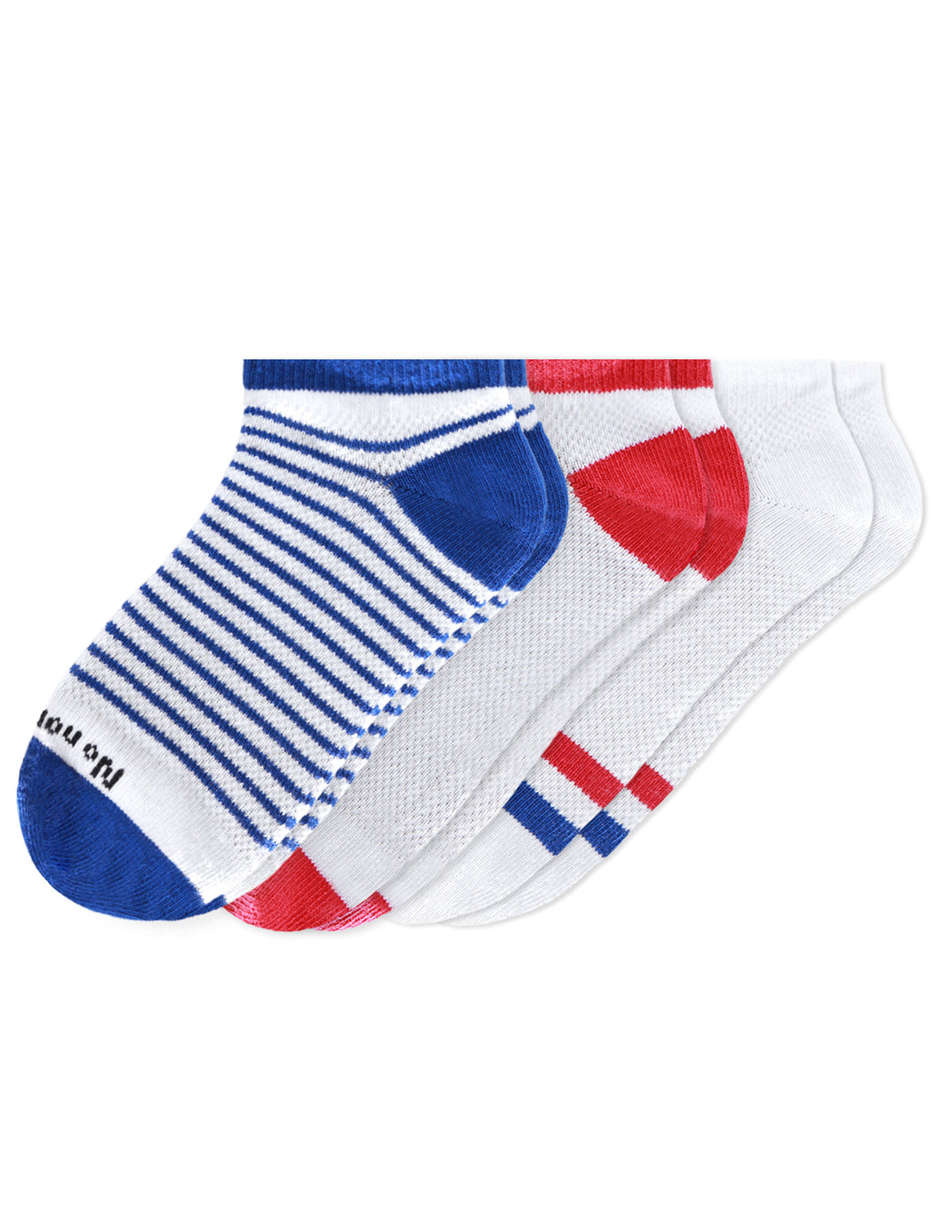 Three pairs of socks with different patterns on a white background