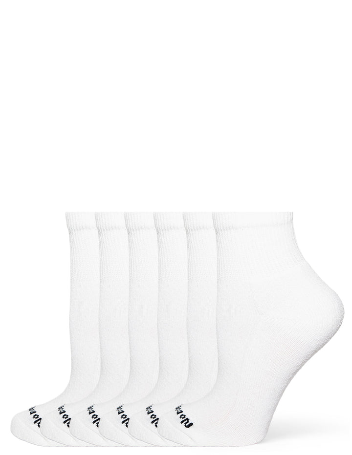 Set of six white socks with black text on a white background