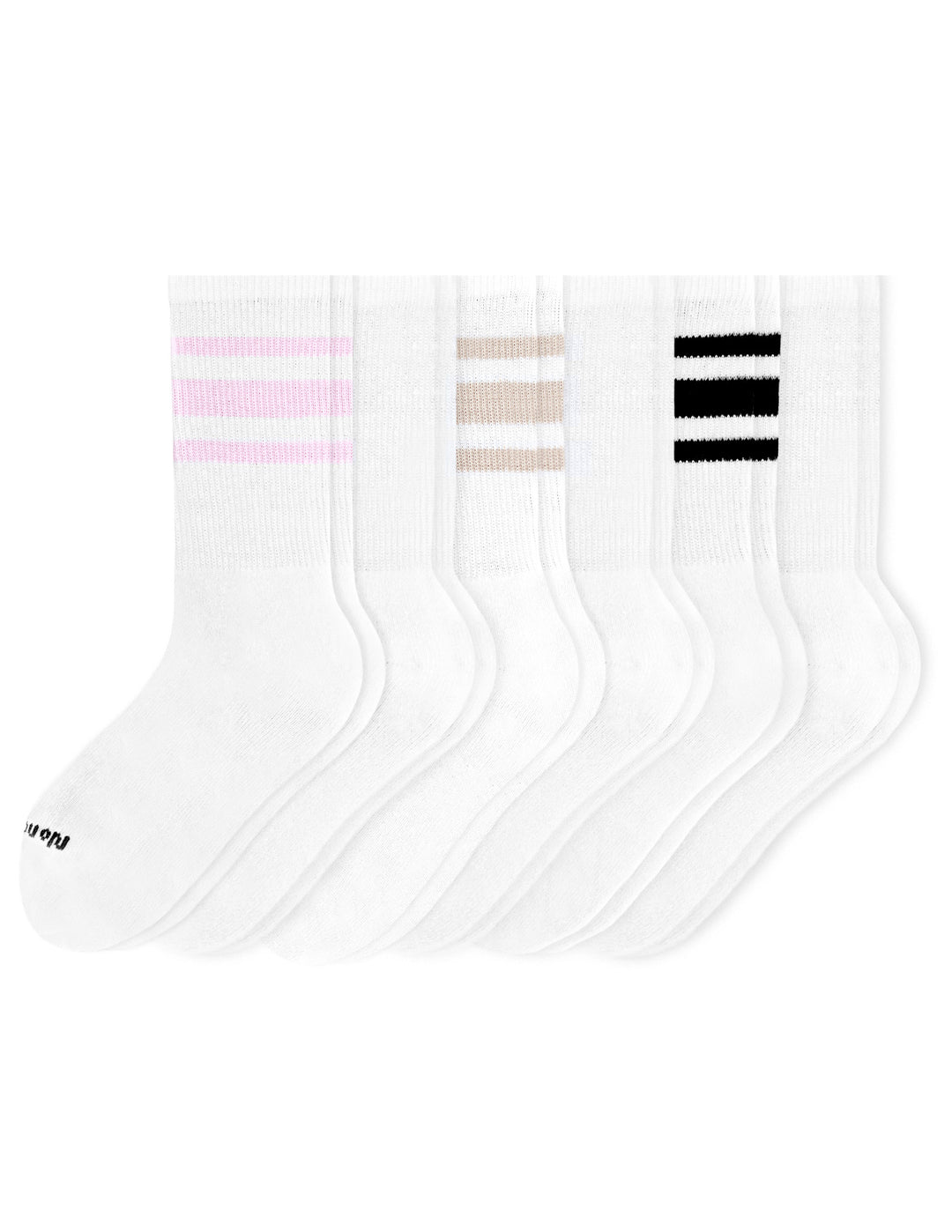Three pairs of socks with different striped patterns on a white background