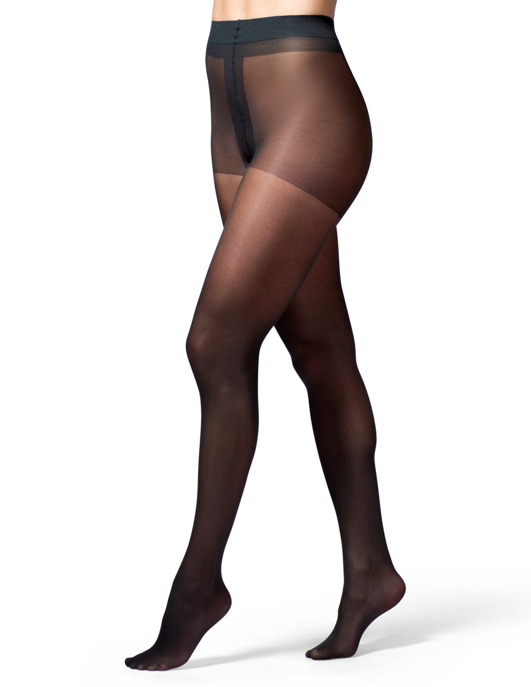 A model's legs wearing sheer black control top stockings against a plain white background.