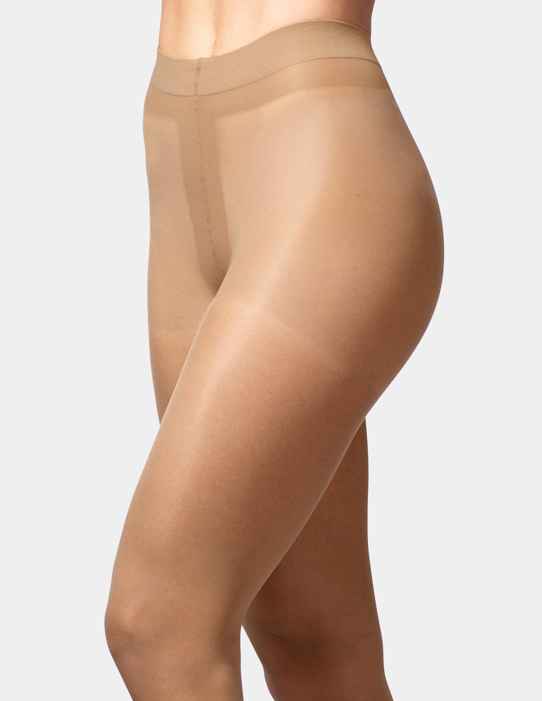 A close-up side view of a model's legs wearing sheer, skin-toned compression hosiery against a light gray background.