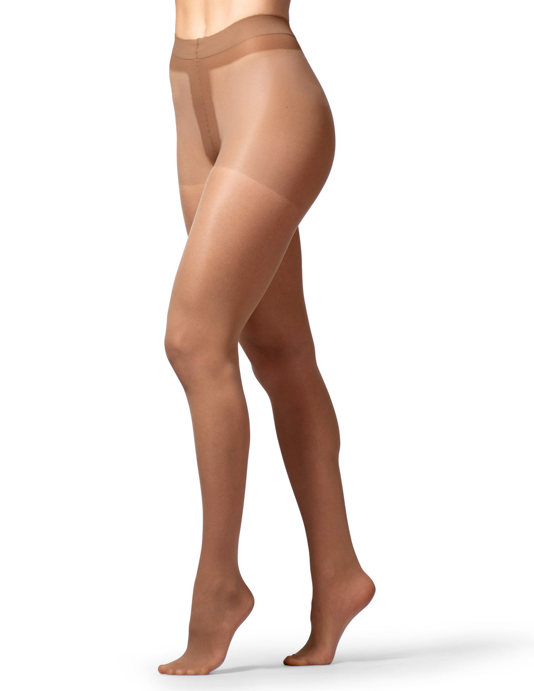 A side profile view of a model wearing sheer, warm brown hosiery or tights against a plain white background.