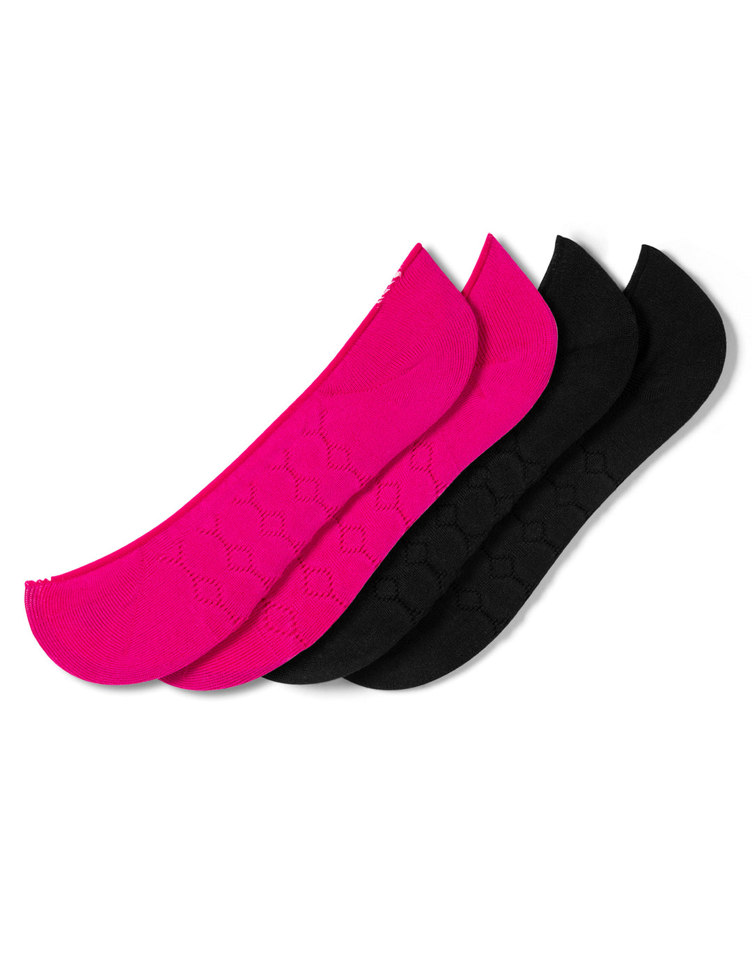 Two pairs of socks, onepink and one black, on a white background