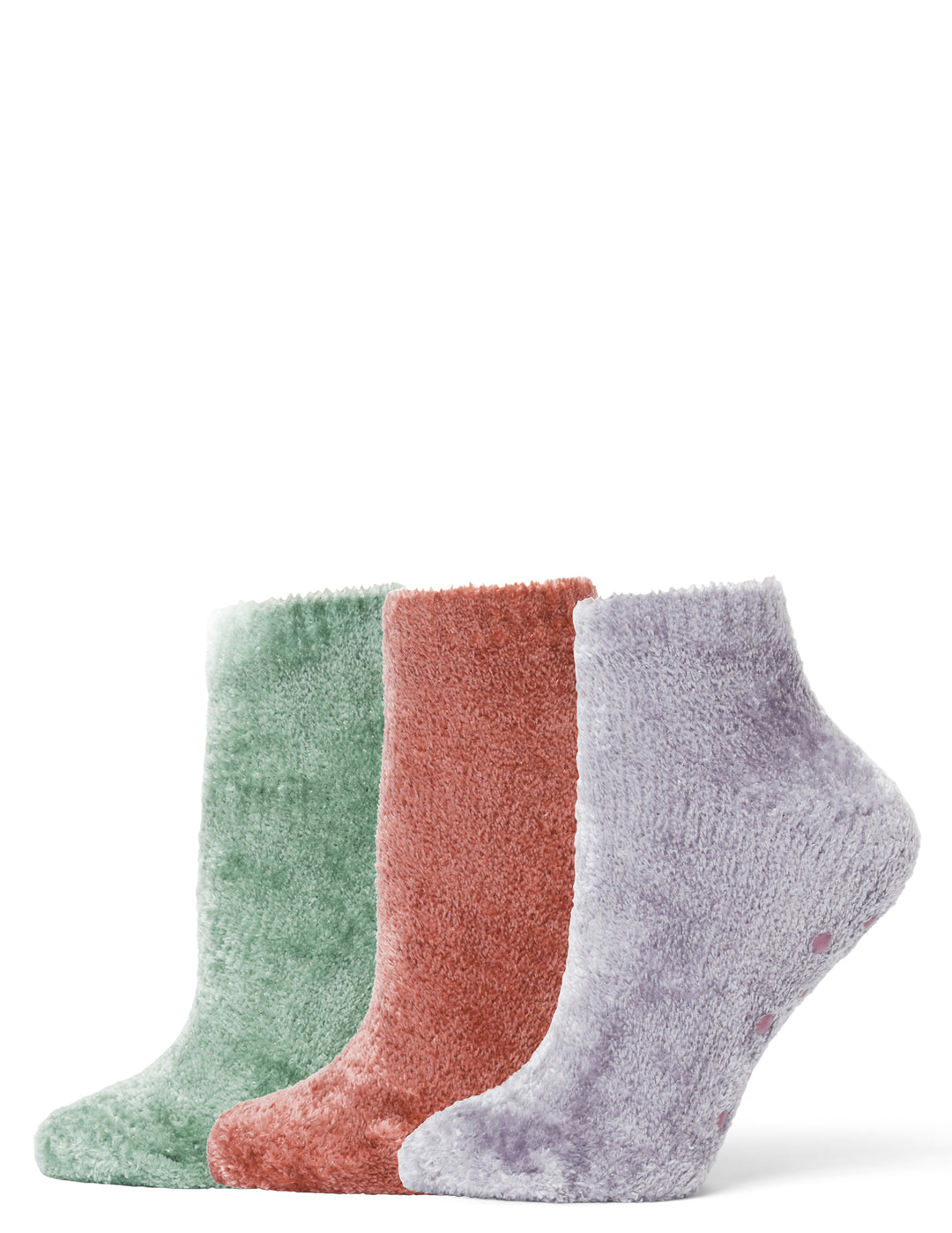 Three pairs of colorful socks on a white background