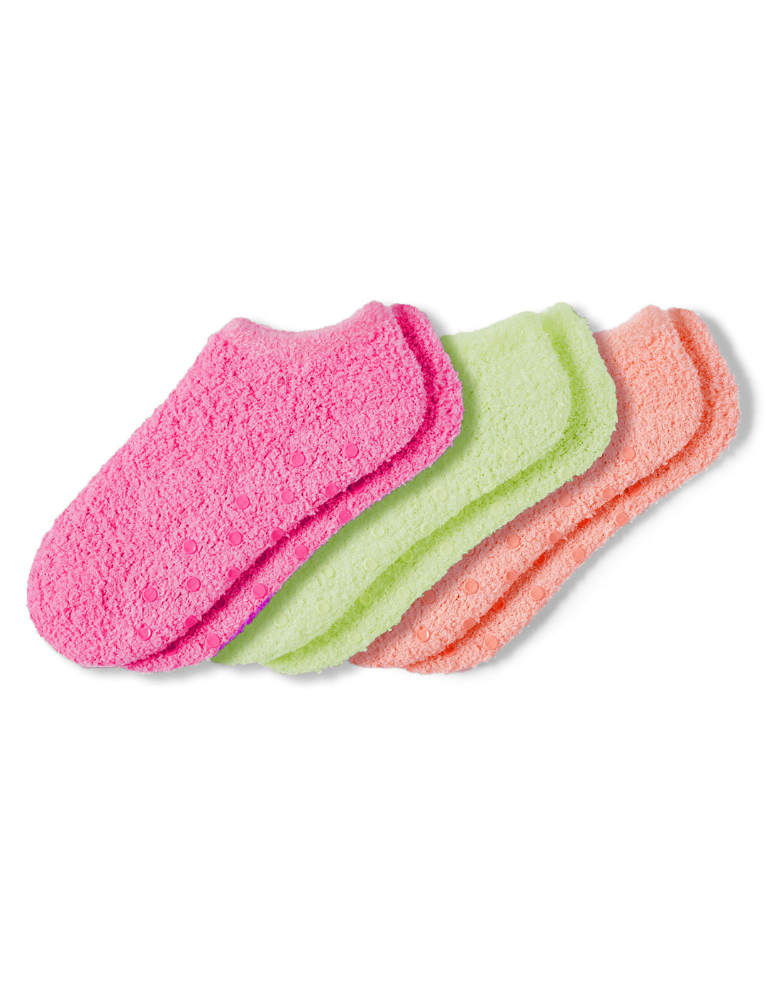 Three pairs of colorful socks on a white background
