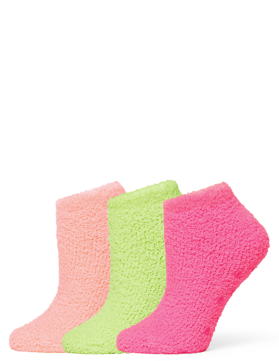 Three pairs of colorful socks on a white background