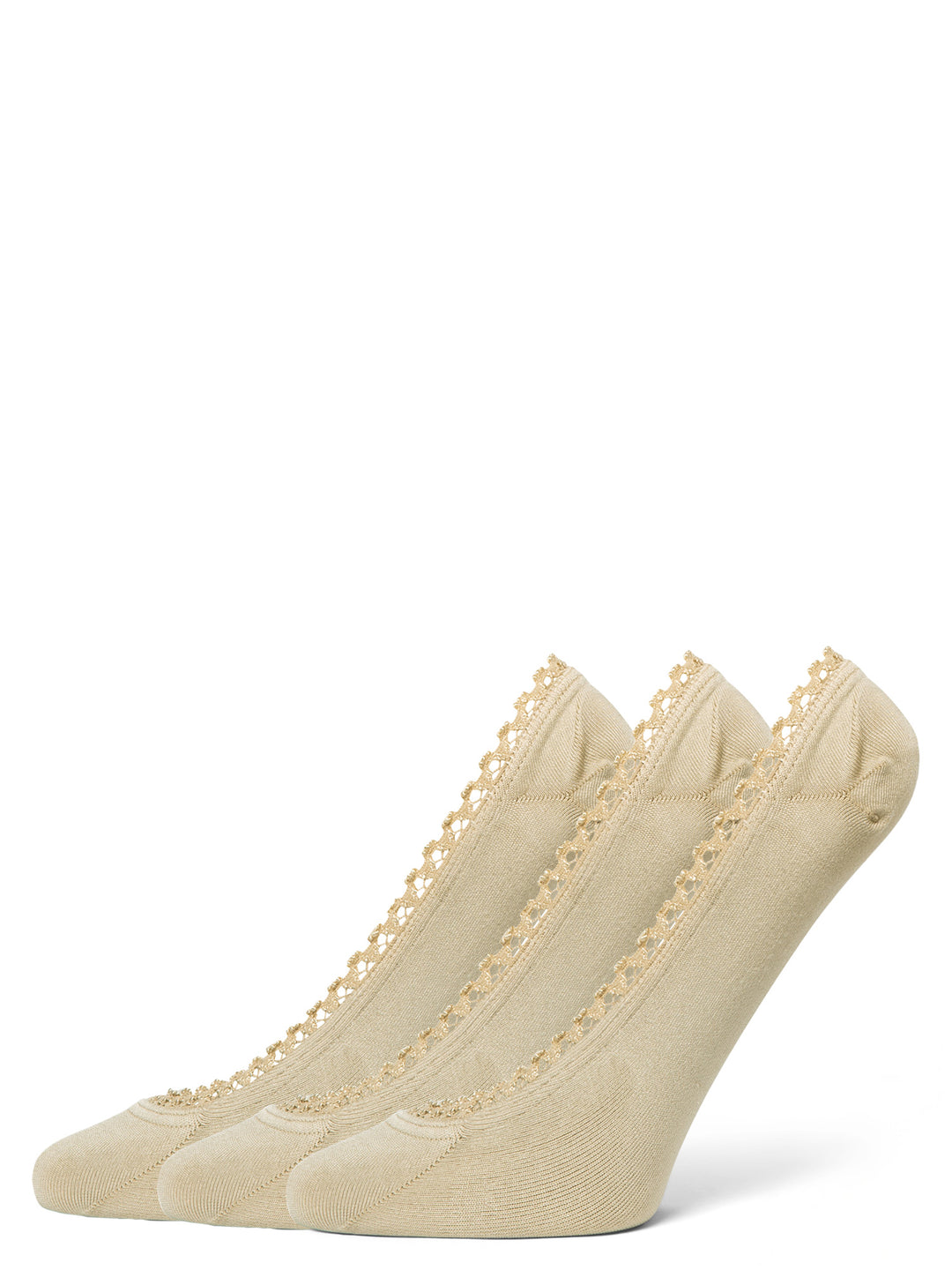 Three pairs of beige socks with lace details on a white background