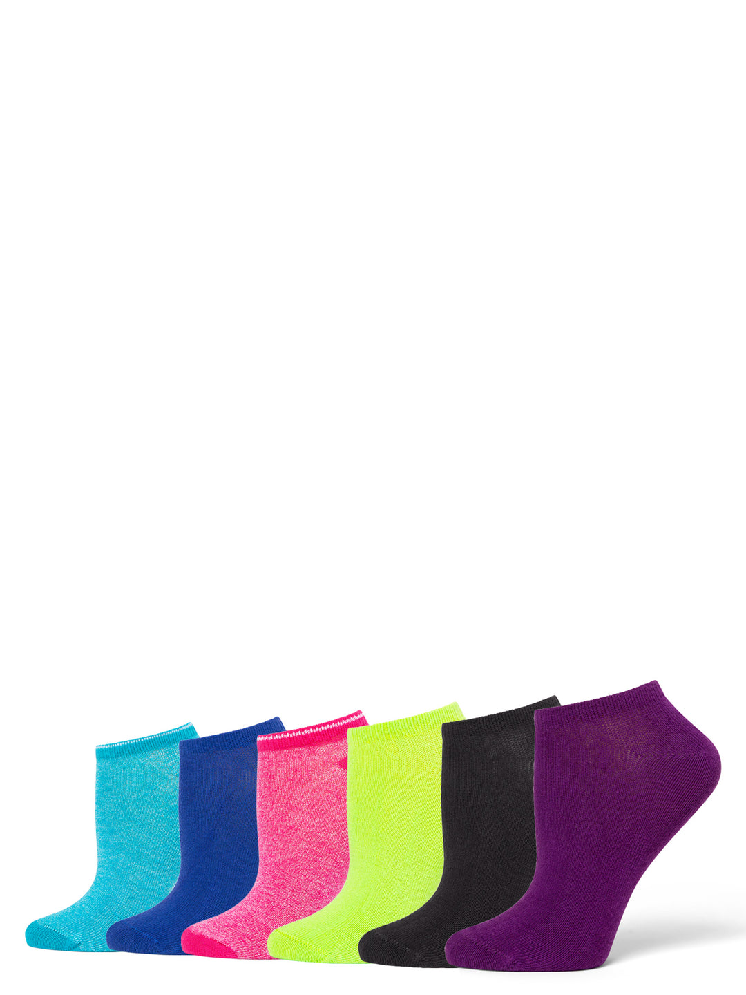 Set of colorful socks arranged in a row on a white background