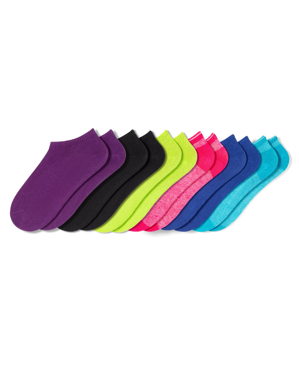 Set of colorful socks arranged in a row on a white background